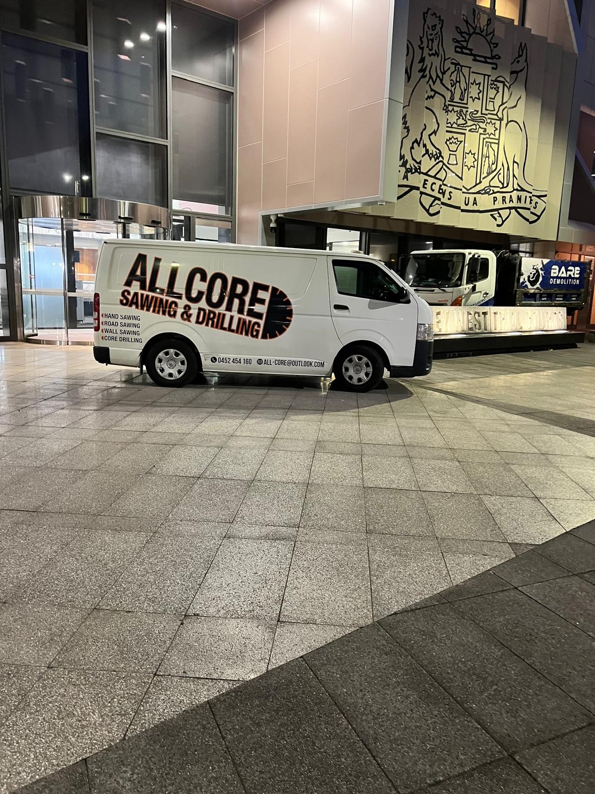 ALL CORE service vehicle supporting wall sawing works in Sydney